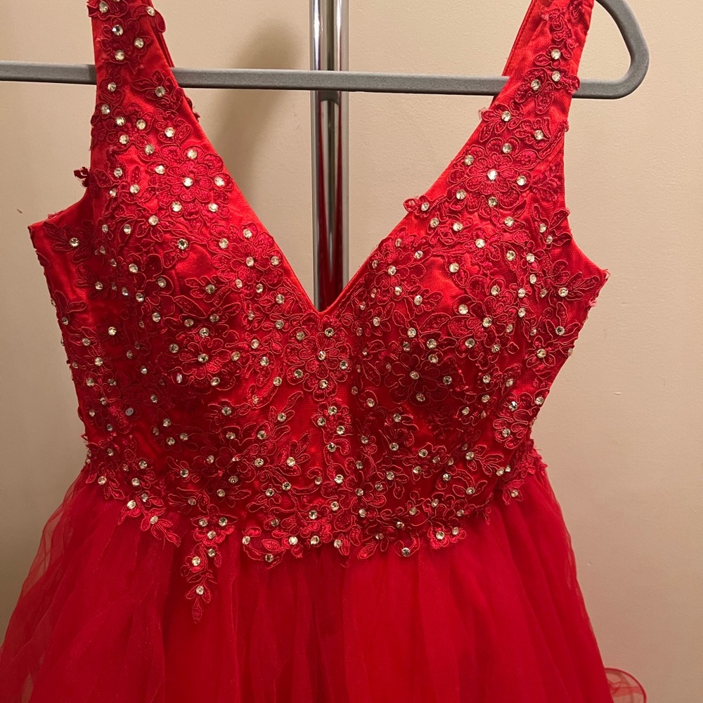 Sweetheart V neck Red rhinstone Prom Dress Evening Gown Embellished Mini 12